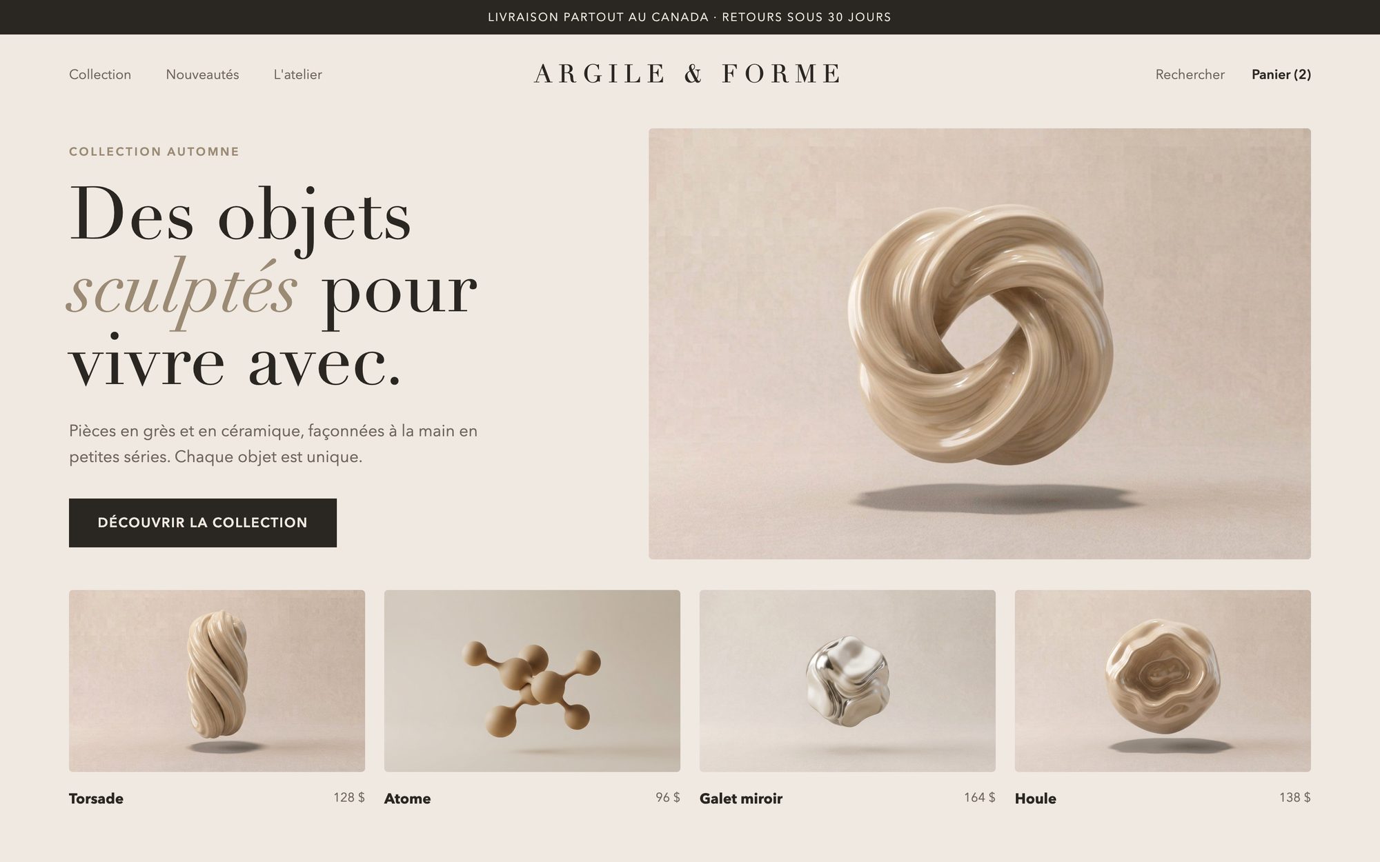 Concept de boutique en ligne d'objets sculptés, Argile et Forme (marque fictive)